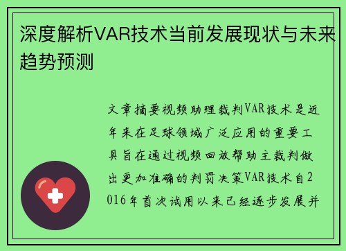 深度解析VAR技术当前发展现状与未来趋势预测