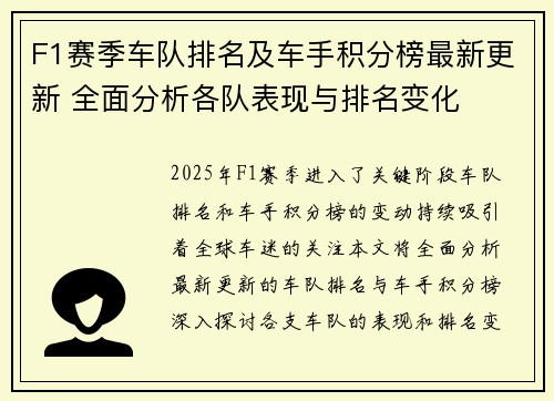 F1赛季车队排名及车手积分榜最新更新 全面分析各队表现与排名变化