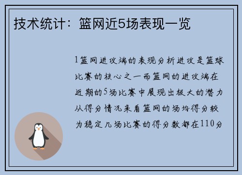 技术统计：篮网近5场表现一览